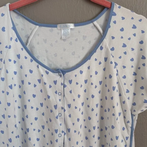 LAKE Blue Heart Print Pima Cotton Sleep Shirt Nightgown Size S - Picture 4 of 7